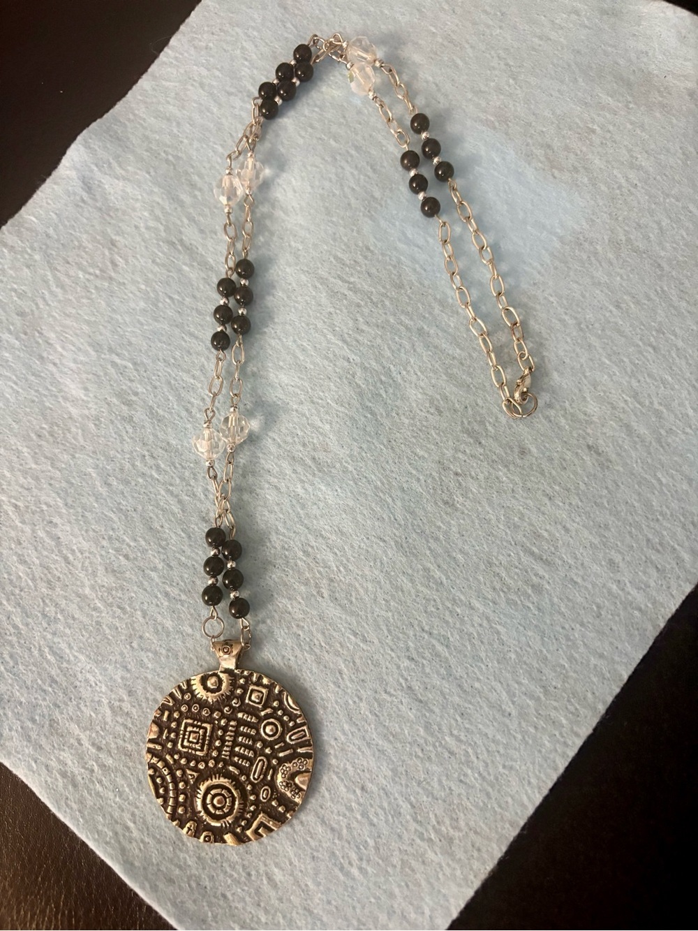 Silver-Tone Black Bead Medallion Pendant Necklace